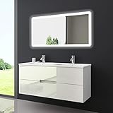 Oimex Design Badmöbel Set „Tiana“ Dual Weiss Hochglanz Doppel Waschtisch 120cm inkl. Armatur LED Spiegel Badezimmermöbel Set mit Waschbecke