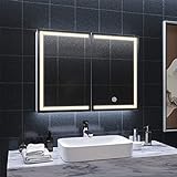 DICTAC spiegelschrank Bad mit LED Beleuchtung und Steckdose 80x13.5x60cm Metall badspiegel mit 3 Farbtemperatur dimmbare mit Beleuchtung Berührung Sensorschalter,Hängeschrank,badschrank mit Spiege